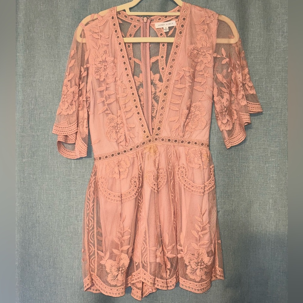 Peach floral lace romper